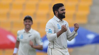New Zealand spinner Ajaz Patel celebrates after taking the wicket of Pakistan captain Sarfraz Ahmed during the second day of the first Test. AFP