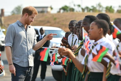 Prince Harry arrives at the Nalikule College of Education in Malawi on day seven of the royal tour. AP.