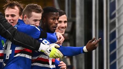 Sampdoria's Keita Balde celebrates after scoring their second goal. AFP