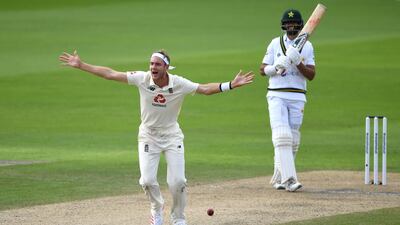 Stuart Broad successfully appeals for the wicket of Shan Masood. Getty