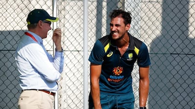 Australian Chairman of Selectors, Trevor Hohns, speaks with fast bowler Mitchell Starc at the Gabba. Getty