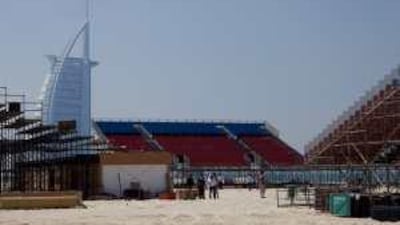 The temporary stadium on Dubai's Umm Suqeim beach, where the Beach Soccer World Cup will be held in November, is 60 per cent complete.