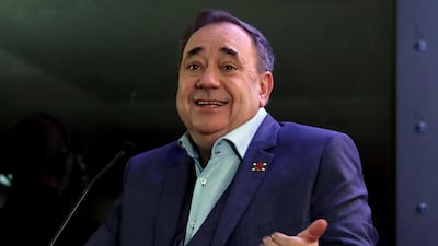 Former Scottish first minister Alex Salmond speaks at the launch of his political talk show on Russian broadcaster RT, at Millbank Tower in London on November 9, 2017. Chris Radburn / PA via AP