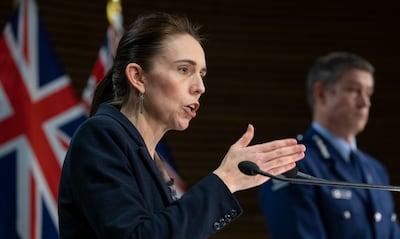 New Zealand Prime Minister Jacinda Ardern and Police Commissioner Andrew Coster address a press conference in Parliament on September 4, 2021. Getty Images