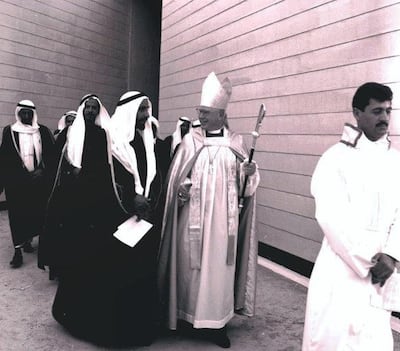 Sheikh Zayed attends the opening of St Andrew's Church in 1968 with the Archbishop of Jerusalem, Campbell MacInnes. Courtesy BP Archive