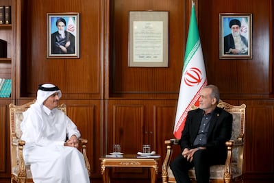 Iranian President Masoud Pezeshkian meets Qatar's Prime Minister and Minister of Foreign Affairs, Sheikh Mohammed bin Abdulrahman, in Tehran on May 18. Iranian Presidential Office / EPA