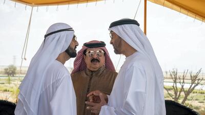 Sheikh Mohammed bin Rashid, Sheikh Mohamed bin Zayed and King Hamad bin Isa Al Khalifa. Mohamed Al Hammadi / Ministry of Presidential Affairs