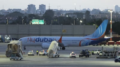 Flydubai aircraft carrying passengers from Tabuk, Saudi Arabia, stands on the tarmac after landing at Ben Gurion International Airport near Tel Aviv, Israel, on Wednesday. EPA