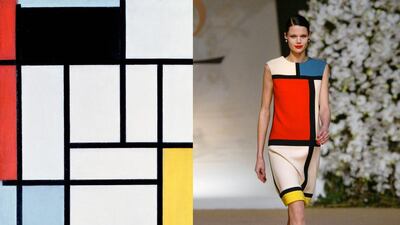 Yves Saint Laurent's 1965 collection was inspired by Dutch painter Piet Mondrian's Composition with Red, Yellow, Blue and Black, left, a work of art that now belongs to the Louvre Abu Dhabi. Getty Images; Pierre Verdy / AFP