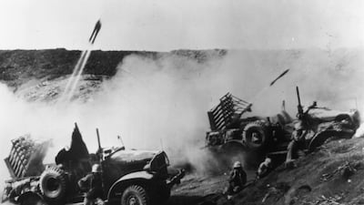 US Marine rocketeers attack Japanese positions on Iwo Jima in support of a leatherneck advance, on March 23, 1945. Getty Images