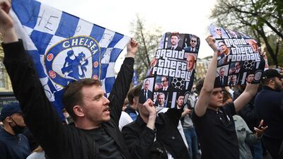 Chelsea fans protesting against the planned European Super League. EPA