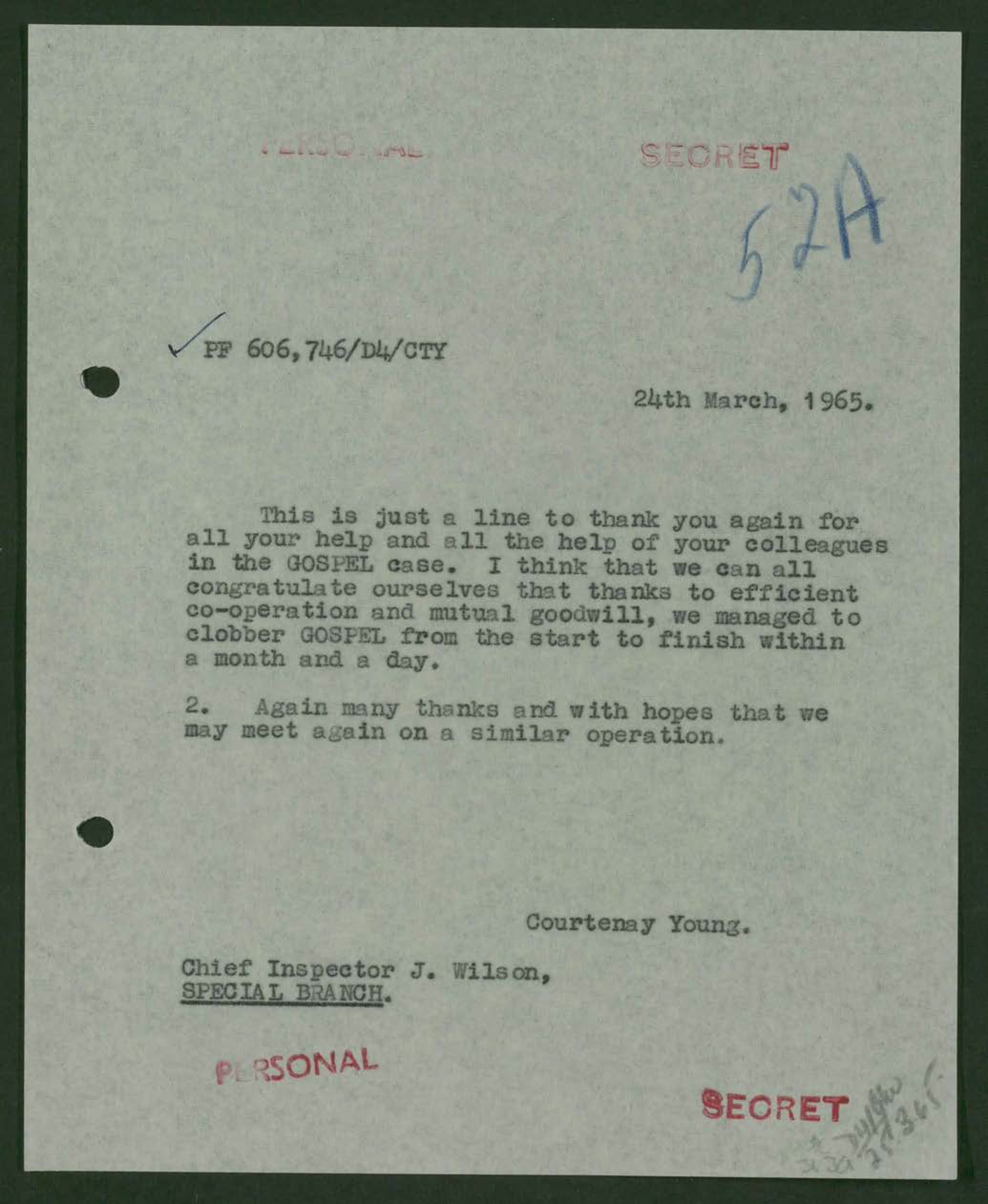 A letter of thanks to Chief Inspector Jock Wilson. Photo: The National Archives