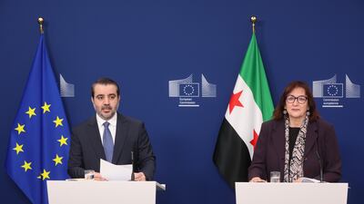 Asaad Al Shibani speaks alongside Dubravka Suica, European Commissioner for the Mediterranean, in the Belgian capital Brussels. EPA