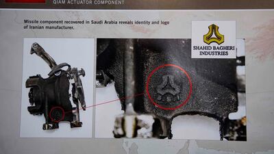 A placard showing a missile component recovered in Saudi Arabia reveals identity and logo of Iranian manufacturer Shahid Bagger Industries Logo. Jim Watson / AFP Photo
