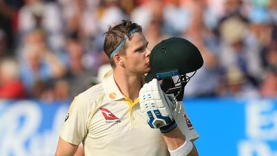 Australia batsmen Steve Smith celebrates his century on the opening day of the first Ashes Test against England at Edgbaston. AFP