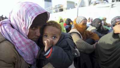 Illegal African migrants at a naval base in the Tripoli in April, 2018, after being were rescued from two inflatable boats off the coast of Zlitan. At least 11 migrants died at sea and another 263 were rescued in two separate operations off the coast of Libya, the country's navy said. AFP