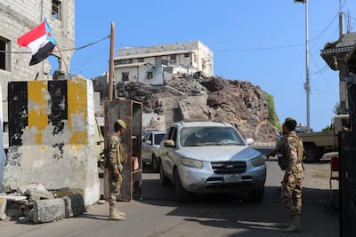 Soldiers loyal to the Southern Transitional Council outside the presidential palace in Aden. Reuters