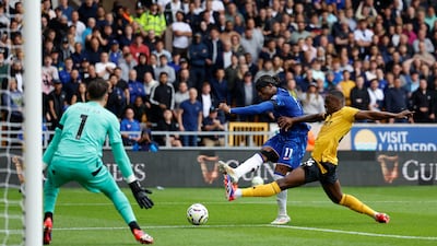 Chelsea's Noni Madueke scores their fourth goal. Action Images