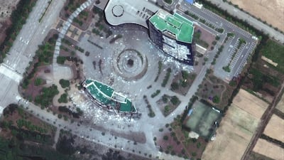 A satellite image shows the destroyed building of inter-Korean liaison office, North Korea, June 22, 2020. Reuters