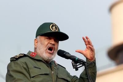 Hossein Salami speaks at a pro-government rally on Monday. AP