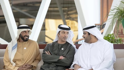 From left: Sheikh Nahyan Bin Zayed Al Nahyan, chairman of the board of trustees of Zayed bin Sultan Al Nahyan Charitable and Humanitarian Foundation; Sheikh Hazza bin Zayed Al Nahyan, vice chairman of the Abu Dhabi Executive Council; and Sheikh Mohamed bin Hamad Al Sharqi attend a Sea Palace barza. Ryan Carter / Ministry of Presidential Affairs