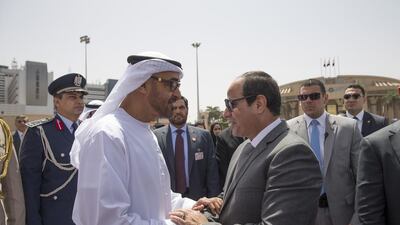 Sheikh Mohammed bin Zayed, Crown Prince of Abu Dhabi and Deputy Supreme Commander of the Armed Forces, bids farewell to Egyptian president Abdel Fattah El Sisi after an official visit to Cairo, on April 22, 2016. Mohamed Al Hammadi / Crown Prince Court – Abu Dhabi