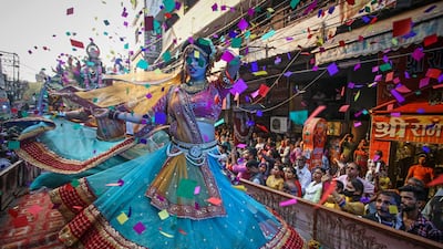 Artists dressed as different characters from Hindu mythology perform during a religious procession for the Maha Shivratri in Allahabad, India. Getty Images