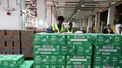 Boxes of Dubai Duty Free’s most popular product, Tang, at the company’s warehouse. Pawan Singh / The National