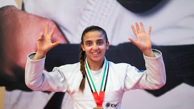 Amal Amjahid won her eighth JJIF gold at the Jiu Jitsu World Championships in Abu Dhabi on Wednesday. Reem Mohammed / The National