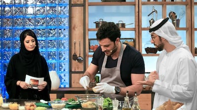 Asmahan Alnaqbi, left, Addie Diab, centre, and Ibrahim Al Khamiri, right, are seen during a segment from the TV show 'Boulevard Abu Dhabi' to be aired on the Abu Dhabi TV Channel. Courtesy Abu Dhabi Media