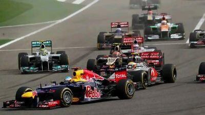 Formula One drivers comete around the Sakhir international Circuit in Bahrain.