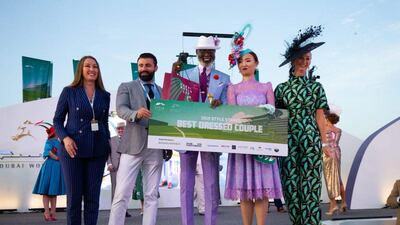 Style Stakes Best Dressed Couple winners, Nader Tearab and Zheng-Gi-Ya, at the Dubai World Cup on March 30, 2019. Twitter / Meydan Style