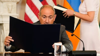 Mr Pashinyan, pictured, and Mr Aliyev have landed a Zayed Human Fraternity award for their roles in orchestrating the historic peace deal, an accolade Azerbaijan's President described as 'a great honour'. EPA