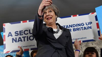 Ms May delivers a speech during an election campaign visit to Stoke-on-Trent in June 2017, before Britain went to the polls to vote in a general election