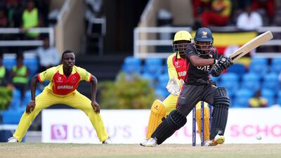 UAE's Aayan Afzal Khan plays a shot during the ICC U19 Men's Cricket World Cup Plate quarter-final against Uganda at Queen's Park Oval on January 25, 2022 in Port of Spain. The Emirates held out for a one-run win. All photos: ICC
