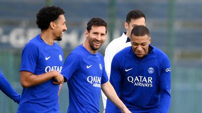 Paris Saint-Germain's Marquinhos, Lionel Messi and Kylian Mbappe during a training session ahead of their Champions League match against Juventus. AFP