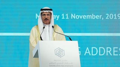 Sultan Bin Saeed Al Mansouri, UAE Minister of Economy, speaking at the Sharjah FDI Forum on Monday. Pawan Singh / The National