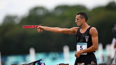 Egypt's Ahmed Elgendy competes in the men's individual laser run. AFP