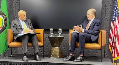 GCC Secretary General Jasem Al Budaiwi, left, with Arab Gulf States Institute president Doug Silliman at an event marking the AGSI's 10th anniversary. Photo: Cody Combs