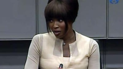 A picture grabbed on the site of the Special Tribunal for Sierra Leone shows British supermodel Naomi Campbell answering questions at the UN-backed Special Court for Sierra Leone in Leidschendam.