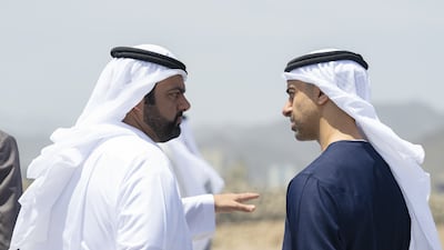 Sheikh Mohammed bin Hamad Al Sharqi, Crown Prince of Fujairah, with Sheikh Hamdan bin Mohamed, Deputy Chairman of the Presidential Court for Special Affairs