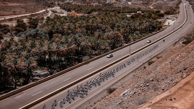 The peloton on stage three of the Tour of Oman cycling race, 151km from Al Khobar to Jabal Haat, in Oman. EPA