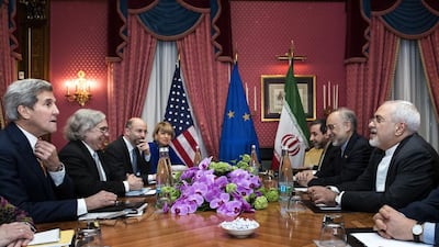 Iranian and American officials meet during negotiations in Lausanne over Iran's nuclear programme. Brendan Smialowski / AFP Photo