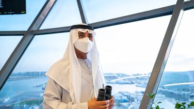 Sheikh Nahyan bin Mubarak, Minister of Tolerance and Coexistence, enjoys the view from Shams Tower. Photo: Mohamed Al Hammadi / Ministry of Presidential Affairs