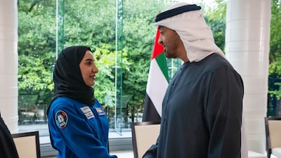 President Sheikh Mohamed receives UAE astronaut Nora Al Matroushi on September 24, 2024, who recently graduated from Nasa's basic astronaut training programme. Photo: Abdulla Al Neyadi / UAE Presidential Court