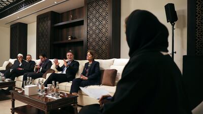 Senior Rabbi at the Washington Hebrew Congregation Bruce Lustig, third right, speaks to journalists while onstage with, from left to right, Prof. Mohamed Hussein El-Mahrassawy, President of Al-Azhar University, Monsignor Youannis Lahzi Gaid, Personal Secretary of Pope Francis, Judge Mohamed Mahmoud Abdel Salam, Former Advisor to the Grand Imam of Al-Azhar and Irina Bokova, right, former Director-General of UNESCO, in Abu Dhabi, United Arab Emirates. AP Photo