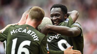 Romelu Lukaku celebrates with Arouna Kone after scoring the first goal for Everton in their Premier League match against Southampton at St Mary's Stadium on August 15, 2015, in Southampton, England. Dylan Martinez / Reuters