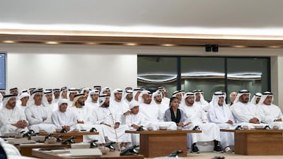 (Front Row - L) Sheikh Abdullah bin Zayed, UAE Minister of Foreign Affairs and International Cooperation, Lt General Sheikh Saif bin Zayed, UAE Deputy Prime Minister and Minister of Interior, Sheikh Zayed bin Nahyan bin Zayed, Sheikh Nahyan Bin Zayed, Chairman of the Board of Trustees of Zayed bin Sultan Al Nahyan Charitable and Humanitarian Foundation, Sheikh Tahnoon bin Mohamed, Ruler's Representative in Al Ain Region, Sheikh Tahnoon bin Mohamed bin Tahnoon, Sheikh Mohamed bin Zayed, Crown Prince of Abu Dhabi and Deputy Supreme Commander of the UAE Armed Forces, Sheikha Salama bint Mohamed bin Hamad bin Tahnoon, Sheikh Hamdan bin Zayed, Ruler’s Representative in Al Dhafra Region, Sheikh Nahyan bin Mubarak, UAE Minister of State for Tolerance, Sheikh Saeed bin Mohamed, and Dr Sheikh Sultan bin Khalifa, Advisor to the UAE President, attend a lecture by Dr. Beau Lotto titled "The Science of Innovation: Becoming naturally adaptable", at Majlis Mohamed bin Zayed. Mohamed Al Hammadi / Ministry of Presidential Affairs