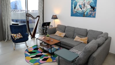 The drawing room and Ms Powney's harp