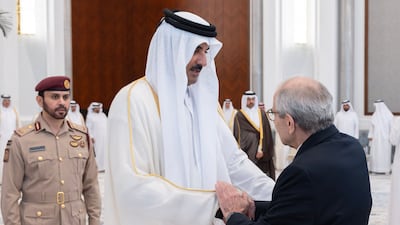 Sheikh Tamim receives condolences from Lebanon's Prime Minister Nawaf Salam. Sheikh Hamad led Qatar from 1995 to 2013. Photo: Qatar Amiri Diwan / AFP